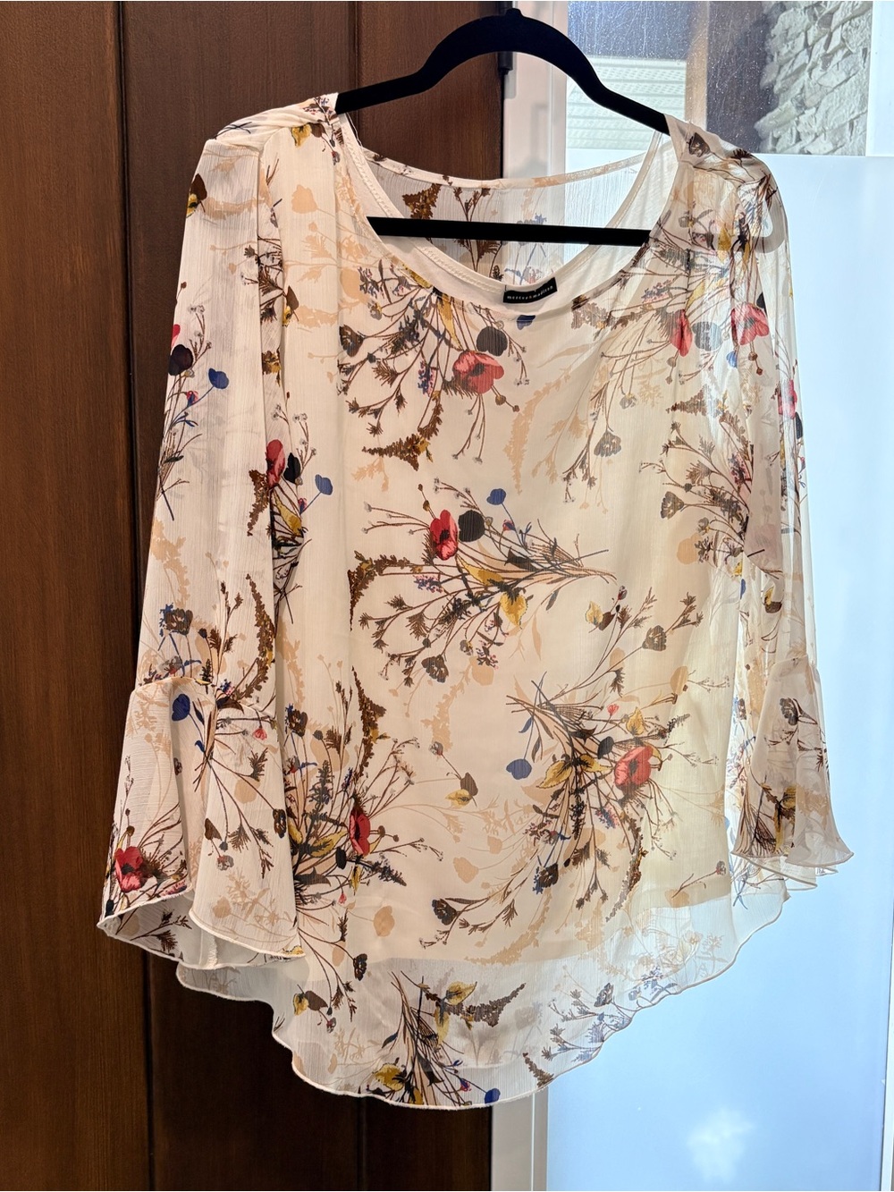 Mercer & Madison Sheer Floral Layered Blouse Cream Red Ruffle Bell Sleeves XL